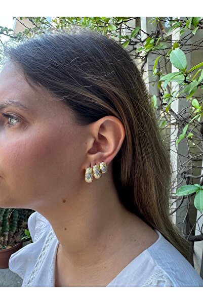 MODA Kararmaz Taşlı Çelik 3’lü Küpe - Günlük & Özel Gün Aksesuarı