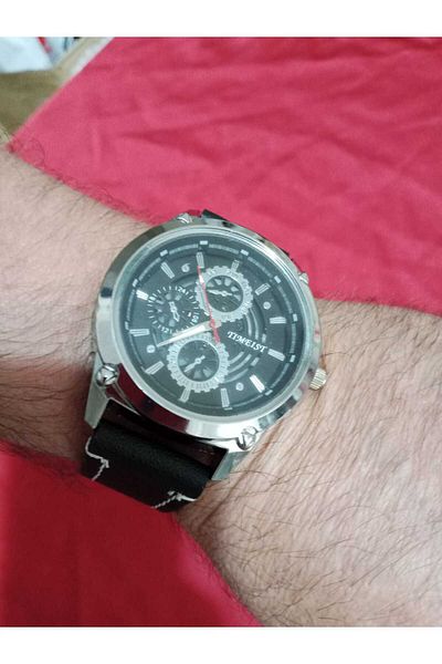 Brality Men's Wrist Watch ... (Stitched) Black Leather Cord... Silver Color Round Case- 6070