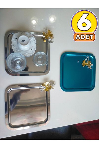 Elzem Stainless Steel Square Model 6-Piece Coffee Tray with Butterfly Accessory, Luxury Presentation