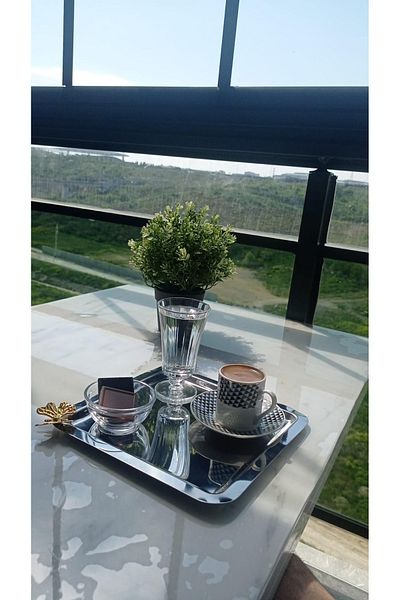 Mira züccaciye Luxury Square Butterfly Accessory Stainless Steel Set of 6 Silver Coffee, Tea, Decorative Presentation Serving Tray