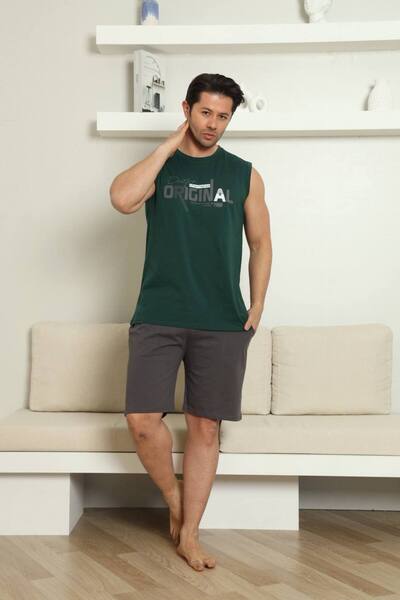 dealp Чоловічий хакі 100% бавовна з принтом, безрукавні шорти з кишенями, літній піжамний комплект