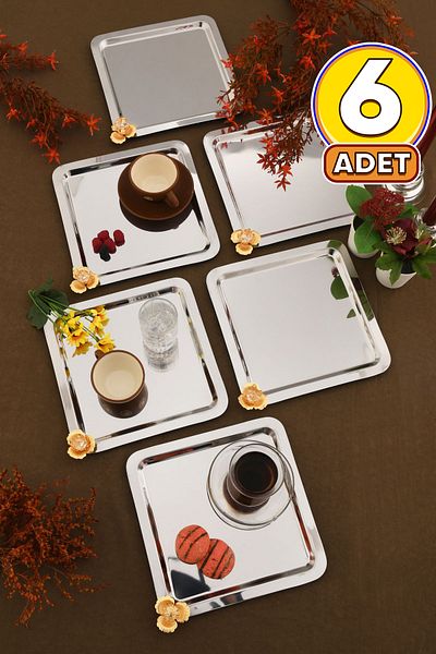 AKSESUAR EVRENİ Marev Gold Stone Detailed 6-Piece Presentation Tray Silver