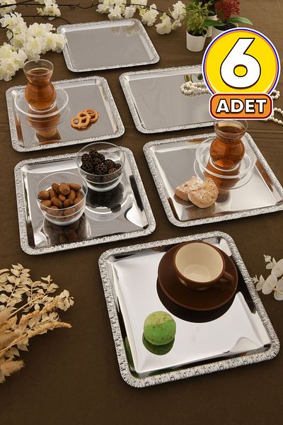 AKSESUAR EVRENİ Pave Stainless Square Patterned Presentation Tray Silver Set of 6