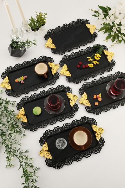 AKSESUAR EVRENİ Seta Black Lace Edged Carved Detailed Gold Accessory Handled Rectangular 6-Piece Presentation Tray