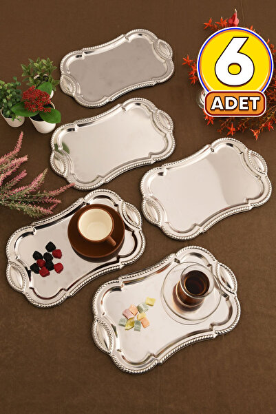 AKSESUAR EVRENİ Liven Paslanmaz Dikdörtgen Burgu Desen Sunum Tepsisi Gümüş 6 Lı Takım