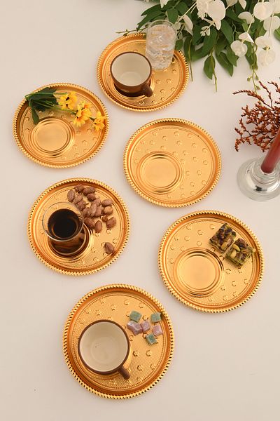 AKSESUAR EVRENİ Taval Round Patterned Tea and Coffee Enjoyment Presentation Tray Gold Set of 6