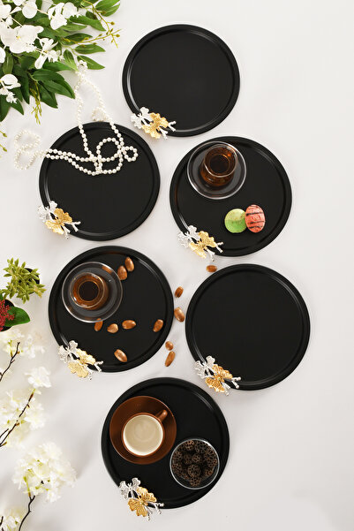 AKSESUAR EVRENİ Alven Butterfly Detailed Round Decorative Presentation Tray Black Set of 6