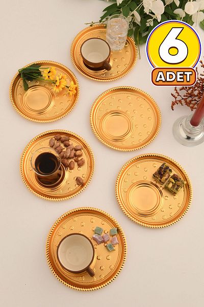 AKSESUAR EVRENİ Taval Round Patterned Tea and Coffee Enjoyment Presentation Tray Gold Set of 6
