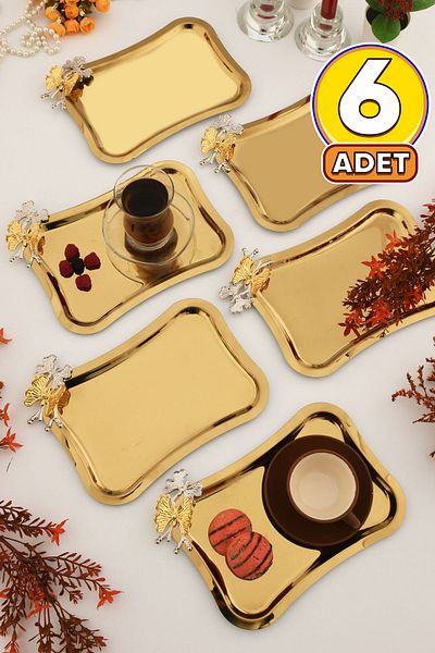 AKSESUAR EVRENİ Naldo Italian Model Butterfly Detailed 6-Piece Presentation Tray Gold