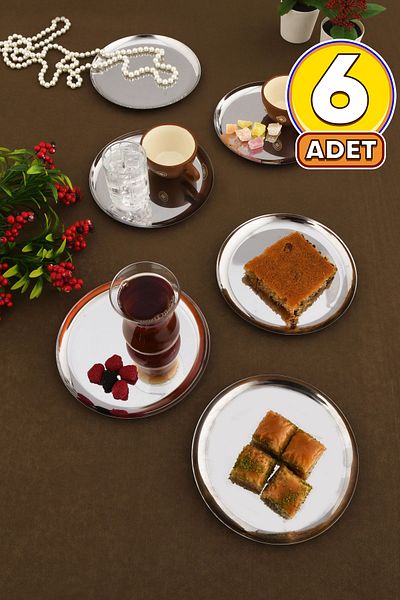 AKSESUAR EVRENİ Sofi̇a Stainless Steel Round Model Multi-Purpose Presentation Tray Silver 6 Pieces