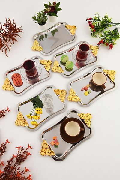 AKSESUAR EVRENİ Filo Silver Colored Gold Handled Stainless 6-Piece Decorative Rectangular Presentation Tray