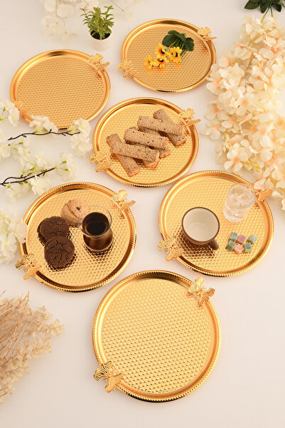 AKSESUAR EVRENİ Iren Yuvarlak Petek Model Kelebek Detaylı Sunum Tepsisi Gold 6 Lı Takım