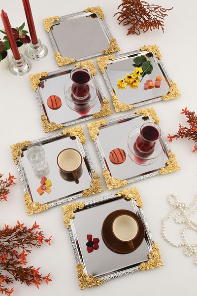 AKSESUAR EVRENİ Alve Silver Gold Framed Flower Patterned Stainless 6-Piece Decorative Square Presentation Tray