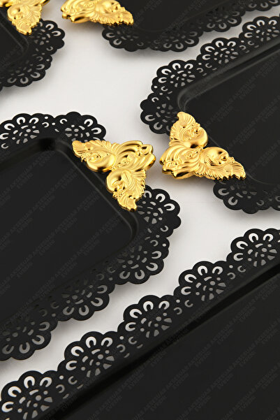 AKSESUAR EVRENİ Seta Black Lace Edged Carved Detailed Gold Accessory Handled Rectangular 6-Piece Presentation Tray