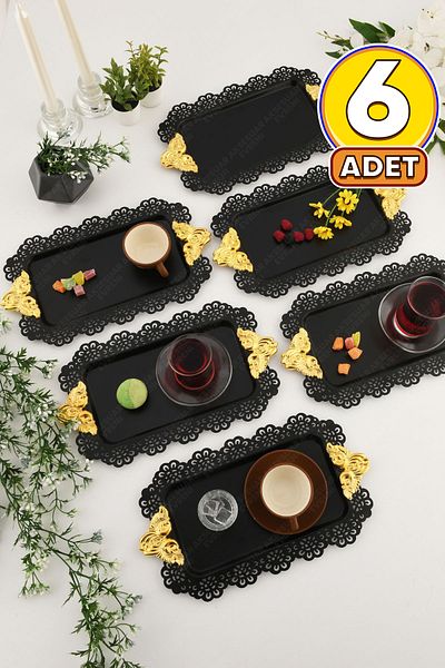 AKSESUAR EVRENİ Seta Black Lace Edged Carved Detailed Gold Accessory Handled Rectangular 6-Piece Presentation Tray