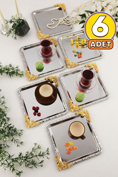 AKSESUAR EVRENİ Sole Silver Gold Flower Patterned Stainless 6-Piece Decorative Square Presentation Tray