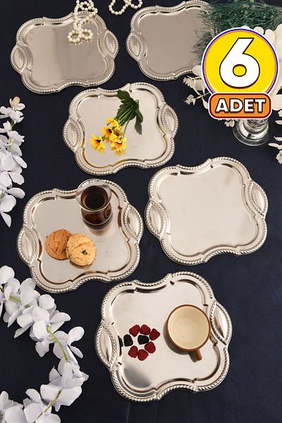 AKSESUAR EVRENİ Vezan Stainless Square Auger Pattern Presentation Tray Silver Set of 6