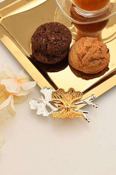 AKSESUAR EVRENİ Nesto Paslanmaz Kare Kelebek Detaylı Sunum Tepsisi Gold 6 Adet