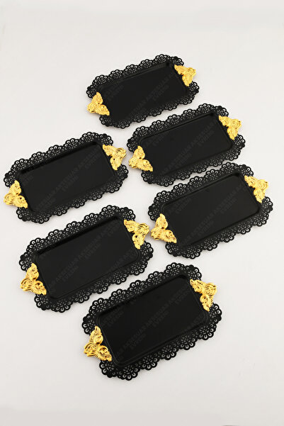AKSESUAR EVRENİ Seta Black Lace Edged Carved Detailed Gold Accessory Handled Rectangular 6-Piece Presentation Tray