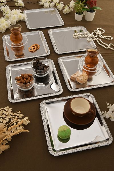 AKSESUAR EVRENİ Pave Stainless Square Patterned Presentation Tray Silver Set of 6