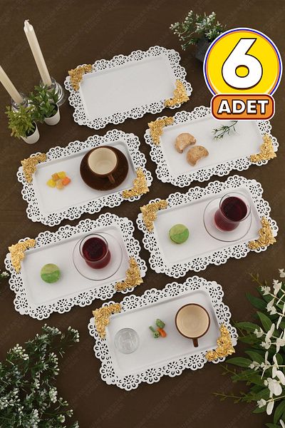 AKSESUAR EVRENİ Luce White Lace Edged Carved Detailed Rectangular 6-Piece Decorative Presentation Tray