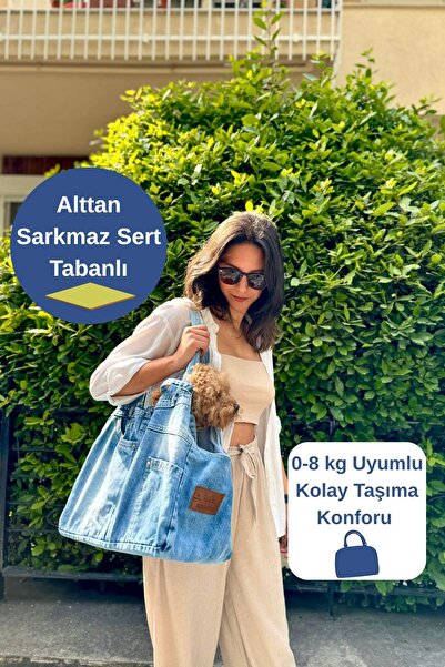 salya store Köpek Taşıma Çantası, Kot Kumaş Köpek Seyahat Çantası - Mavi