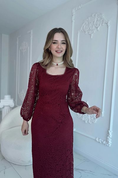 HELİS BUTİK Rochie maxi din dantela burgundy