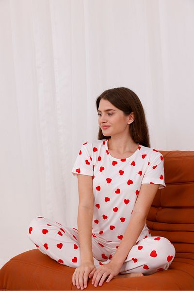 Arvin Pijama Women's Heart Soft Textured Short Sleeve Knitted Pajamas Set