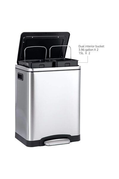 AKC 30l Dual Compartment Stainless Steel Trash Can – 15l X 2 Recycle & Waste Pedal Bin