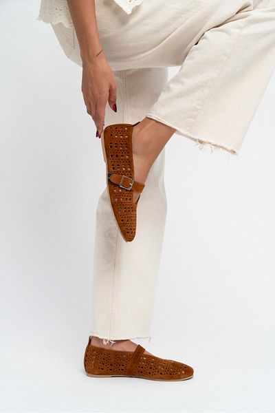 NİŞANTAŞI SHOES Patter Tan Suede Balerini de damă cu talpă plată din piele naturală cu împânzire
