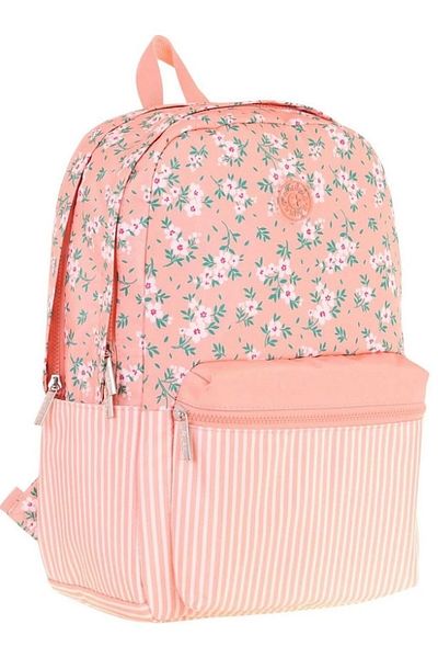 KAUKKO Soft Floral Girls' Three-Compartment Salmon Flower and Stripe Patterned School Backpack - K1795