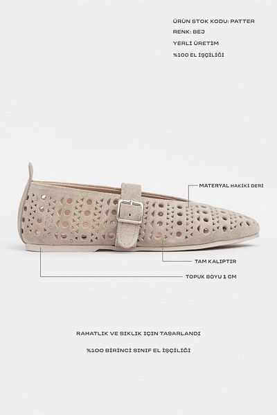 NİŞANTAŞI SHOES Patter Beige Suede Studded Genuine Leather Buckle Detail Flat Sole Women's Ballerinas