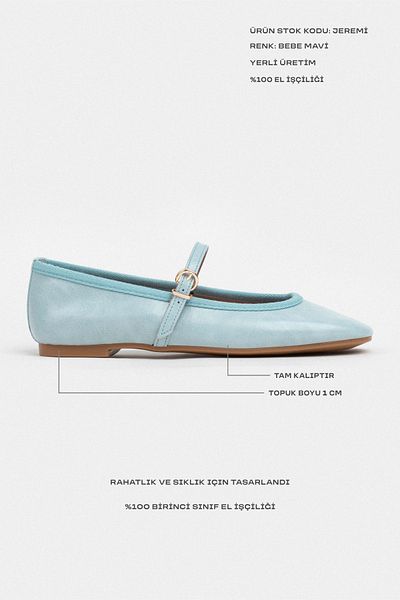 NİŞANTAŞI SHOES Balerini de damă Jeremi Baby Blue Crinkle Matte Curea Detaliu Talpă Plată