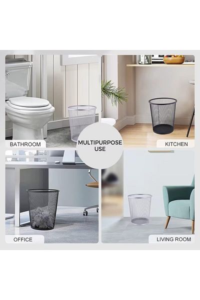 AKC Set Of 6 Mesh Wastebasket Trash Can – Silver & Black Steel Round Bin For Office, Home, Bathroom