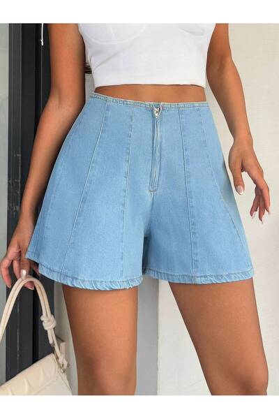 EmWay'S DENİM Kadın Yüksek Bel Ön Fermuarlı Arka Cep Fletolu Işlevsiz Ince Kumaş Balon Kot Şort