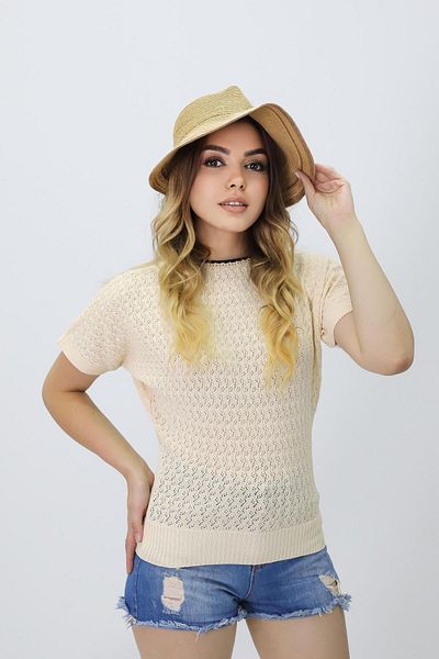 K-ODEA BUTİK Pulover de tricotat cu mânecă scurtă PUDRA pentru femei - Pulover subțire, respirabil, de vară