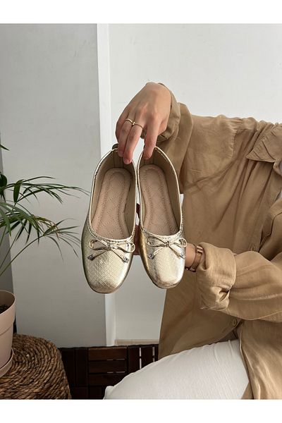 Behtah Kundura Hana Trend Bow Gold Women's Ballerina Office Shoes Home Ballerinas