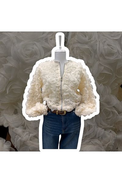 BelezaStore Ecru 3D Rose Jacket and Cardigan