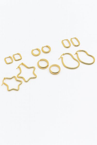 MakeWell Gold Silver Steel Hoop Earrings Set with Stainless Tarnish Steel Heart Star Oval Square Hoop Earrings