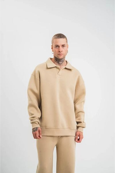 Silerra    Unisex Double Oversize Placket Collar Sweatshirt - Beige