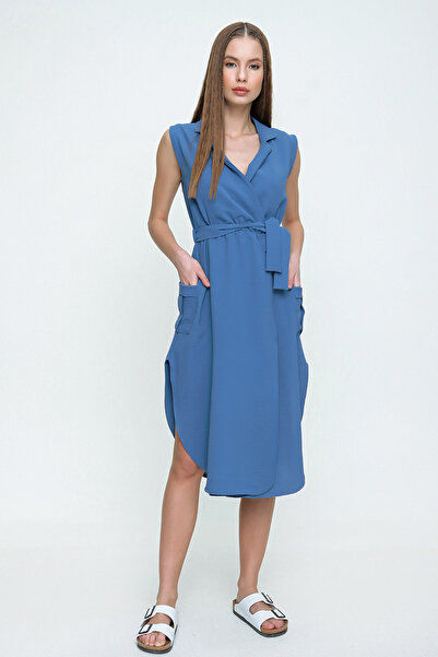 NEW LAVİVA Women's Indigo Jacket Collar Double Breasted Slit Waist Elastic Dress- 700-2881