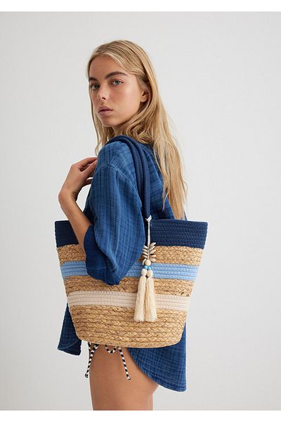Mavi Navy Blue Striped Straw Bag 1913059-70185