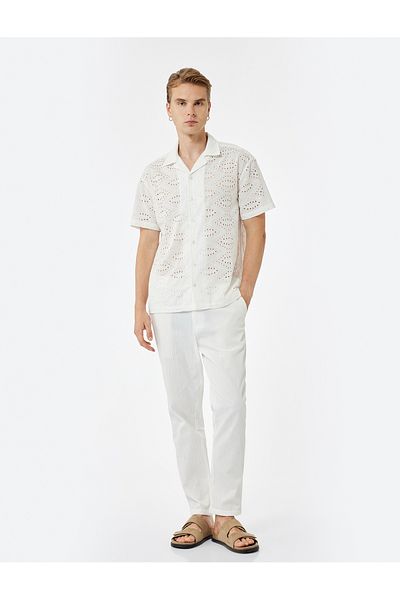 Koton Cotton Folded Leg Textured Waist Lace-Up Button Pants