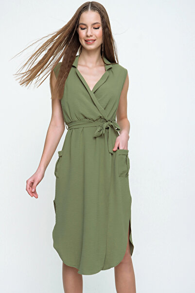 NEW LAVİVA Women's Khaki Jacket Collar Double Breasted Slit Elastic Waist Dress- - 700-2881