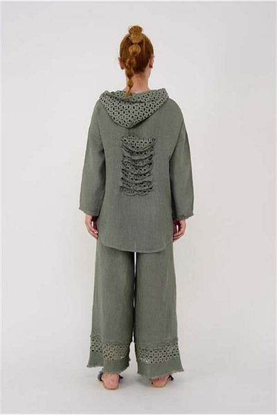 EREN STYLE Italian Bohemian Hooded Jacket Scalloped Trousers Set