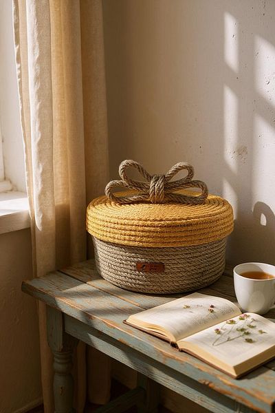 Zuviel Deco Handmade 20X10 Wicker Basket - Handmade, Bow Lid, Multi-Purpose and Organizer
