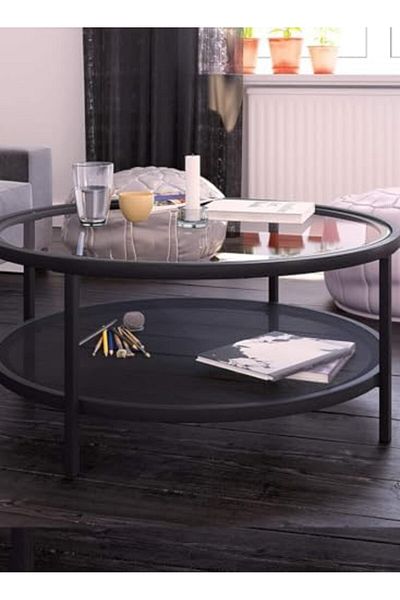AGD Modern Glass Coffee Table 2-tier Side Table Round Glass Top Table For Living Room, Office And Hotel