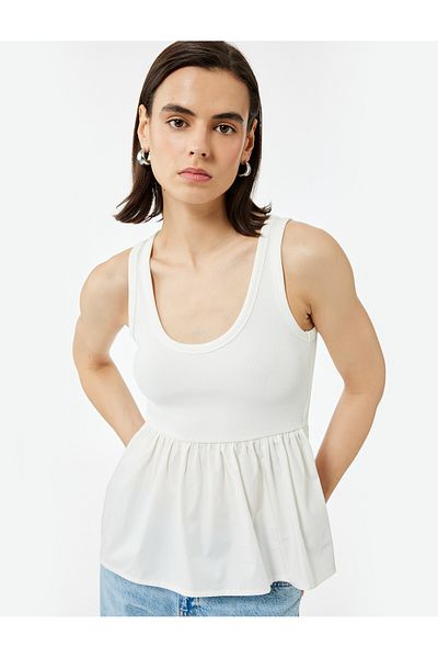 Koton Cotton Two Different Fabrics Use U-Neck Peplum Cut Tank Top