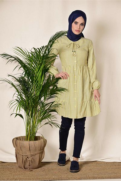 Alvina Square Patterned Neck Lace Balloon Sleeve Tunic 4982