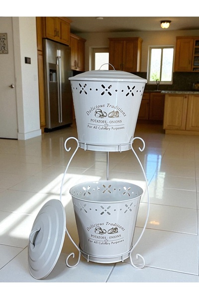 metalshop 2 Katlı Metal Patates Soğan Kovası - Sebzelik - Patates Soğanlık Sepeti Beyaz